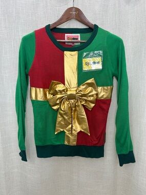 Tipsy Elves Red & Green Long Sleeve Christmas Sweater W/Gold Big Bow X-Small